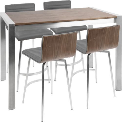 Mason 5 Piece Counter Dining Set in Stainless, Walnut, & Grey Leatherette